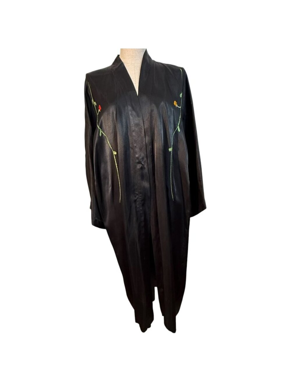 Vintage Black Satin Embroidered Floral Kimono Robe Belt Waist Asian - Picture 4 of 8
